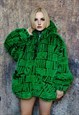 Luxury faux fur jacket check fleece festival bomber in green