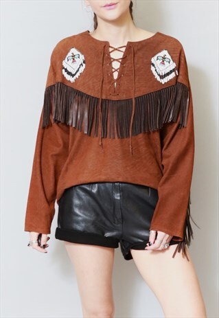 VINTAGE 1970'S BROWN SUEDE FRINGED TOP