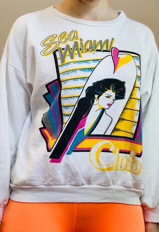 MIAMI USA SURF WHITE NEON PINK 90S WOMEN SWEATER SWEATSHIR