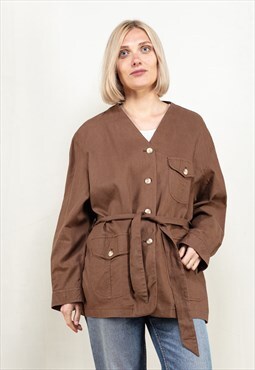 Vintage 90s Linen Blend Oversize Jacket in Brown