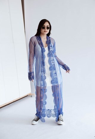 VINTAGE MAXI LONG SLEEVE SHEER FLORAL LACE KIMONO BLUE S/M