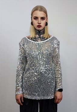 Silver sequin top embellished transparent mesh sweatshirt