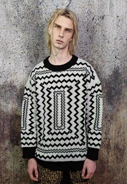 Geometric sweater knit retro stripe jumper zigzag top white