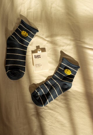 NAVY STRIPY SOCKS WITH FUZZY FACE