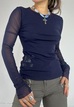 Vintage Y2k Top Mesh Long Sleeves Sheer Grunge Streetwear