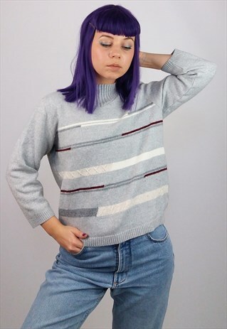 VINTAGE 80'S RETRO PATTERN CROP SWEATER GREY