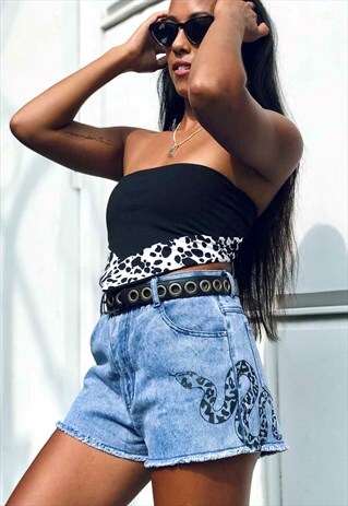 VINTAGE WASH DENIM SHORTS W/ SNAKE PRINT