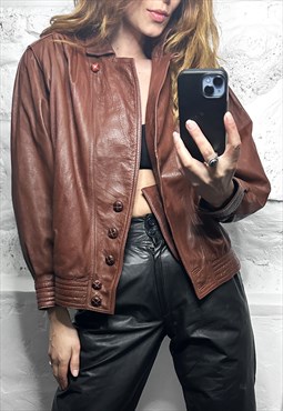 Vintage 80s Brown Leather Women Bomber Jacket - S