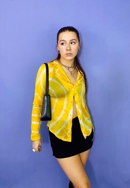 Vintage 90s Y2k Yellow Tie-Dye Button Up Sheer Shirt