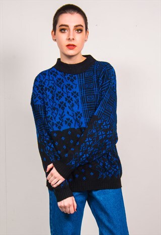 VINTAGE 90'S BLUE MULTI PATTERN KNIT LONG SLEEVE JUMPER