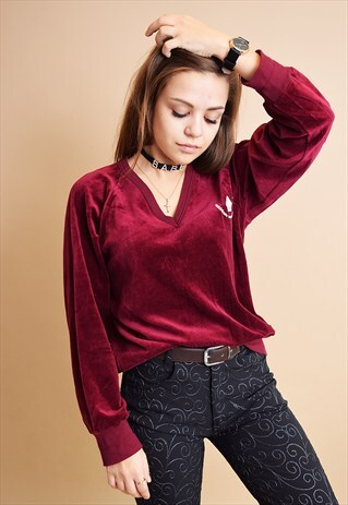 90'S RETRO OVERSIZED MAROON VELVET SLOUCHY JUMPER TOP