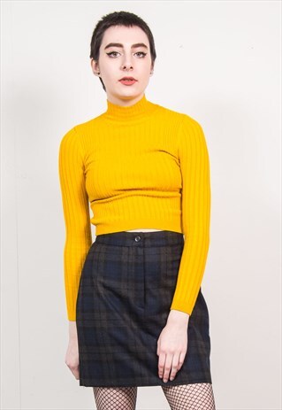 VINTAGE 90'S DARK BLUE TARTAN CHECK HIGH WAIST MINI SKIRT