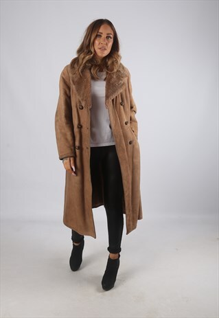 VINTAGE SHEEPSKIN SUEDE SHEARLING COAT MID LONG UK 12 (J9BB)