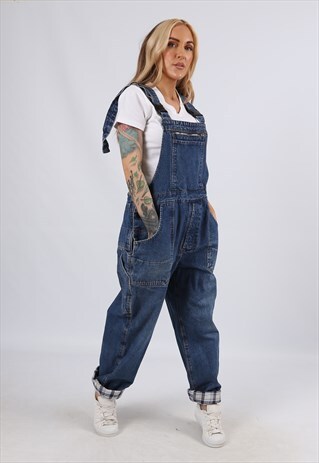VINTAGE WINTER LINED DENIM DUNGAREES CHECKED 14 L (944V)