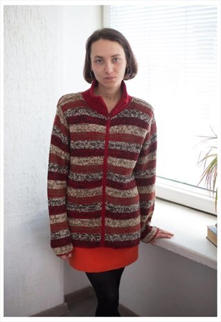 VINTAGE 70'S STRIPED WOOL HIGH COLLAR CARDIGAN