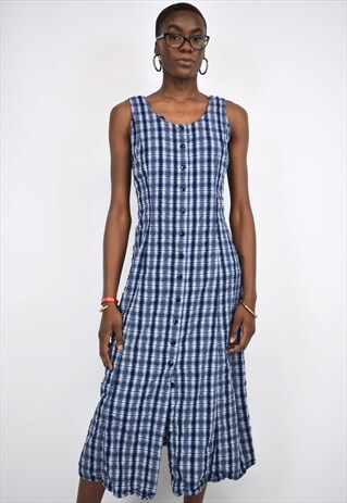 VINTAGE 90S BLUE CHECK PRINT BUTTON DRESS