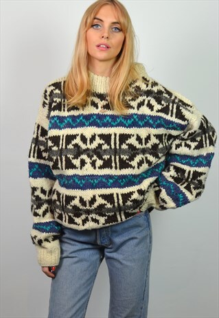VINTAGE 70S CREAM NORDIC PATTERN CHUNKY WOOL OVERSIZE JUMPER