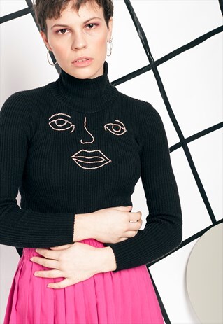 REWORKED WEIRD FACE EMBROIDERED TURTLENECK TOP