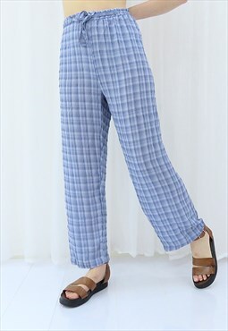 90s Vintage Blue Check High Waisted Trousers (Size XL-XXL)