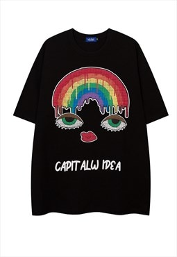 Rainbow print t-shirt Y2K face tee retro skater top black