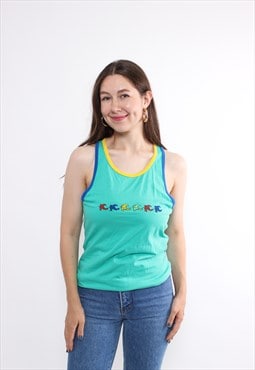 90s running tank top in green, vintage funky run print 