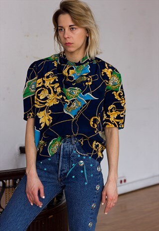 VINTAGE 80' AMAZING BEAUTIFUL NAVY BLUE ELEGANT BLOUSE