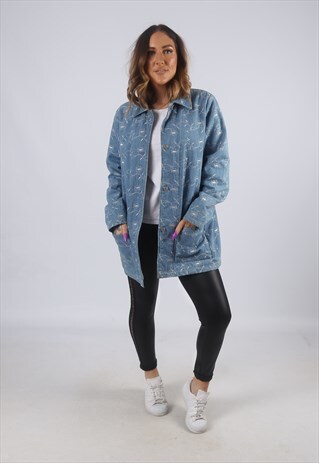 VINTAGE DENIM JACKET OVERSIZED EMBROIDERED FLORAL UK 14 DKBR