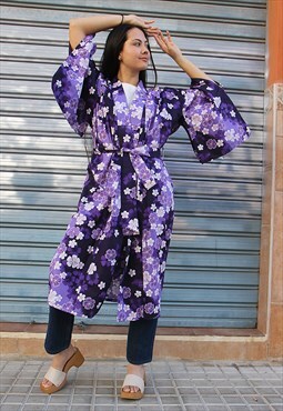 Long Kimono Jacket in Black & Purple Floral Print