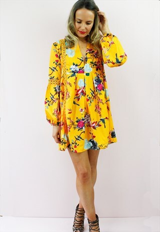 YELLOW FLORAL PLUNGE SHIFT BOHO PEASANT MINI DRESS