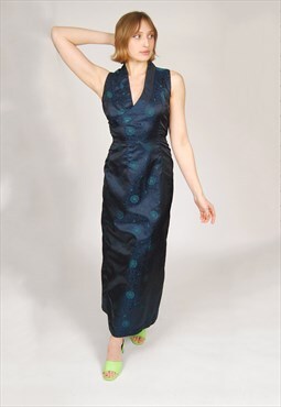 Vintage Wrap Dress (M) navy 70s asian gown maxi tie floral