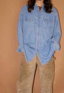 Vintage men's mustang blue denim western work shirt - medium