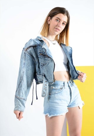 VINTAGE DENIM JACKET IN ACID WASH BLUE CROPPED FIT