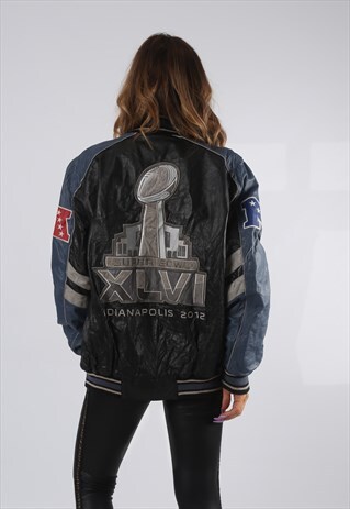 VINTAGE NFL LEATHER BOMBER JACKET OVERSIZED UK 14 (D4F)