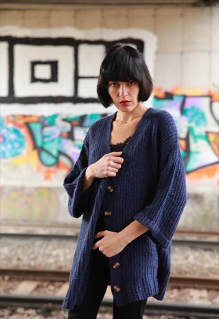 NAVY BLUE WOOL BLEND KNITTED CARDIGAN WITH FRONT POCKETS
