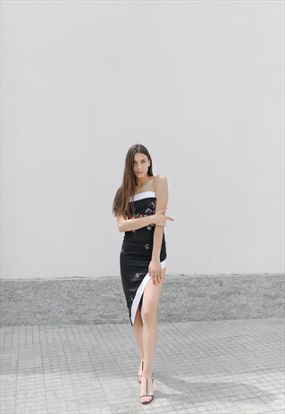 BASTET NOIR BLACK FLORAL MIDI DRESS WITH HIGH SLIT