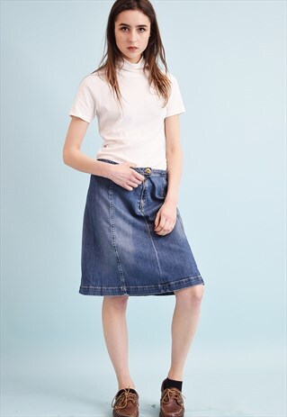 90'S RETRO DESIGNER DENIM REGULAR WAISTED MOM'S MIDI SKIRT