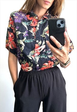 80s Colorful Floral Novelty Blouse / Shirt - Large 