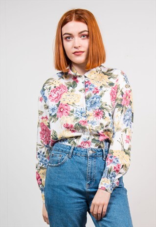 VINTAGE 90'S WHITE FLORAL SHIRT BLOUSE
