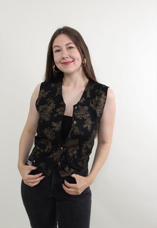 90s gold flowers vest, vintage formal floral vest