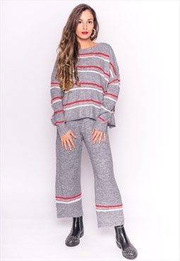 Grey Knit Jumper & Trousers Co-ord with Stripes