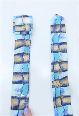 90s Vintage Blue Abstract Striped Belt (Size L-XL)