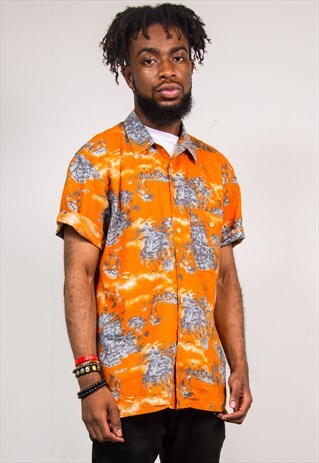 90'S VINTAGE ORANGE HAWAIIAN PALM TREE SHORT SLEEVE SHIRT