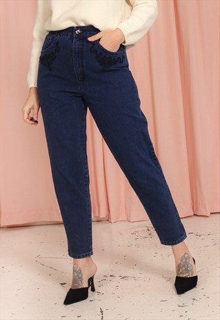 VINTAGE 90S HIGH WAISTED BLUE JEANS WITH EMBROIDERY 32W28