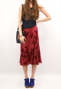 Vintage 90s Monsoon Midi Skier In Burgundy With Floral Print