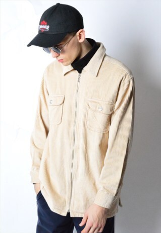 VINTAGE 90S BEIGE CORDUROY ZIPPER SHIRT JACKET