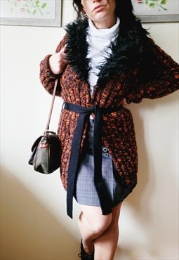 Vintage 90s jazzy knit furry collar long belted cardigan