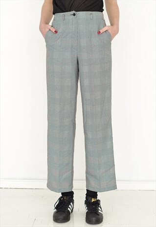 VINTAGE GREY HIGH WAISTED WIDE LEG CHECKED RETRO TROUSERS