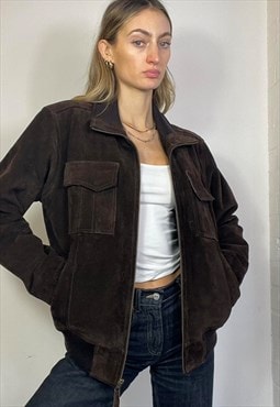 Vintage Y2k Suede Bomber Jacket Biker Brown