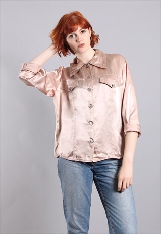 VINTAGE 90S PINK SATIN WESTERN COWBOY SHIRT