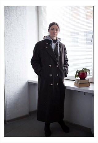 VINTAGE 80'S MAXI GREY WOOL DOUBLE BREASTED COAT
